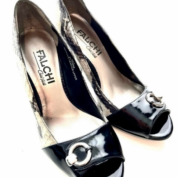 Carlos Falchi Wedge Snakeskin Peep Toe Heels - Picture 9 of 16